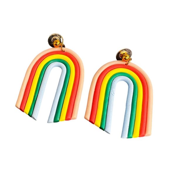 Rainbow Dangle Earrings Gold Tone Bright Colors Clay Pierced - Picture 2 of 6